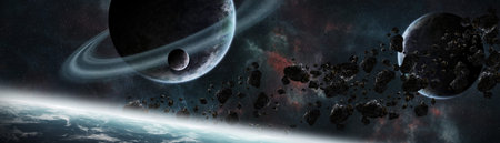 Panoramic view of planets in distant solar system in space 3D rendering