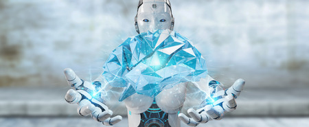 White woman humanoid on blurred background creating artificial intelligence 3D renderingの写真素材