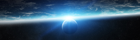 Panoramic view of planet Earth with the moon in space 3D renderingの写真素材