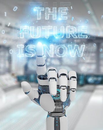 White cyborg hand on blurred background using future decision text interface 3D renderingの写真素材