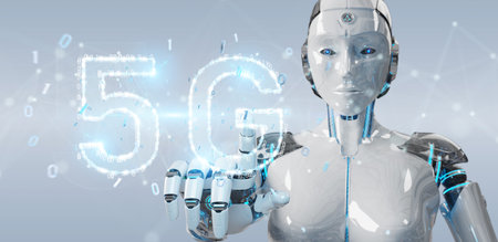 White cyborg woman on blurred background using 5G network digital hologram 3D renderingの写真素材