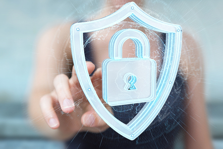 Businesswoman on blurred background using modern data shield antivirus 3D renderingの写真素材