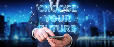 Businessman on blurred background  using future text interface 3D renderingの写真素材