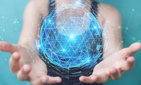 Businesswoman on blurred background using digital triangle exploding sphere hologram 3D renderingの写真素材