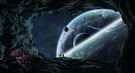 Astronauts with spaceship exploring a cave in asteroid in space 3D renderingの写真素材