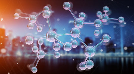 Modern digital molecule structure isolated on blue background 3D rendering