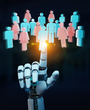 White cyborg hand on blurred background controlling group of people 3D renderingの写真素材