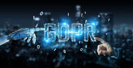 White cyborg hand on blurred background using digital GDPR interface 3D renderingの写真素材