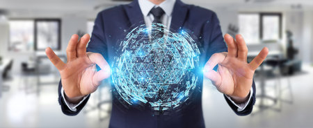 Businessman on blurred background using digital triangle exploding sphere hologram 3D rendering