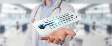 Doctor on blurred background holding red hot digital thermometer 3D renderingの写真素材
