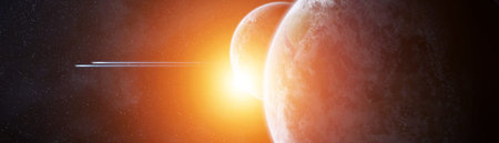 Panoramic view of planets in distant solar system in space 3D rendering