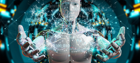 White man humanoid on blurred background using digital globe hud interface 3D renderingの写真素材