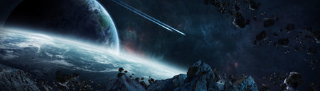 Panoramic view of planets in distant solar system in space 3D rendering