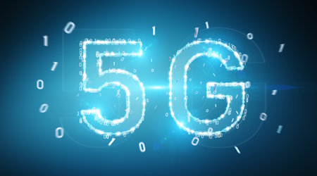 5G network digital hologram on blue background 3D rendering