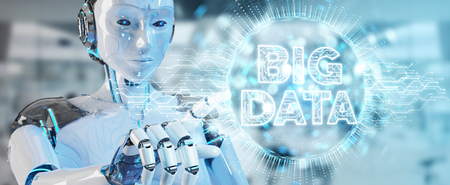 White humanoid woman on blurred background using Big Data digital hologram 3D renderingの写真素材