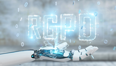 White cyborg hand on blurred background using digital GDPR interface 3D renderingの写真素材