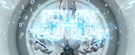 White woman robot on blurred background using future technology text hologram 3D rendering