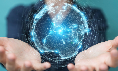 Businesswoman on blurred background using globe network hologram with Europe map 3D renderingの写真素材