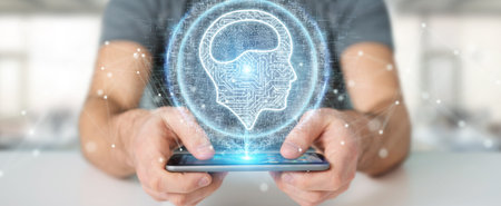 Businessman on blurred background using digital artificial intelligence icon hologram 3D rendering