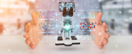 Businessman on blurred background using modern microscope with digital analysis 3D rendering