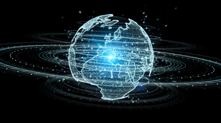 Globe network hologram with Europe map on black background 3D renderingの写真素材