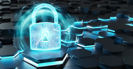 Black blue abstract padlock icon on hexagons background 3D renderingの写真素材