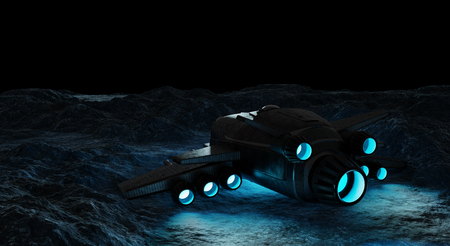 Astronauts exploring an asteroid with a futuristic spaceship 3D renderingの写真素材