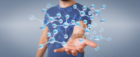 Businessman on blurred background using modern molecule structure 3D renderingの写真素材