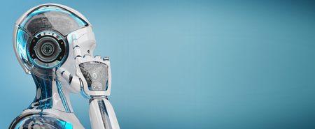 White woman cyborg thinking and touching her head isolated on blue background 3D renderingの写真素材