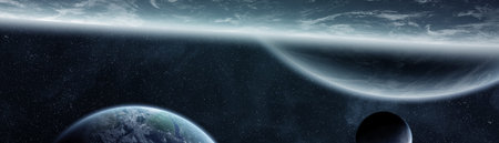 Panoramic view of planets in distant solar system in space 3D rendering