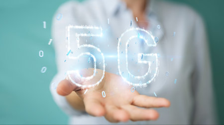 Businesswoman on blurred background using 5G network digital hologram 3D rendering