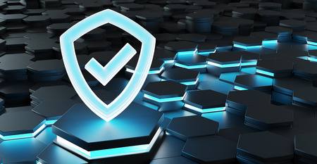 Black blue abstract shield icon on hexagons background 3D renderingの写真素材