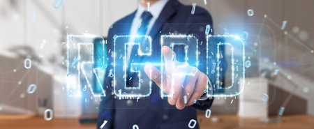 Businessman on blurred background using digital GDPR interface 3D renderingの写真素材