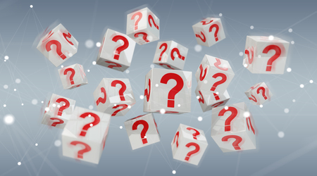 Cubes with 3D rendering question marks on grey backgroundの写真素材
