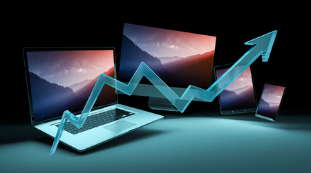 Blue arrow in front of modern tech devices in dark background 3D renderingの写真素材