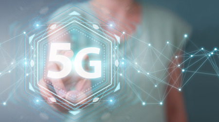 Businesswoman on blurred background using 5G network interface 3D renderingの写真素材