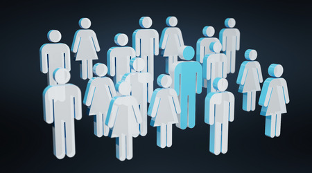 3D rendering group of people with blue man in middle on black backgroundの写真素材