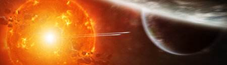 Sun exploding close to inhabited planets system 3D rendering