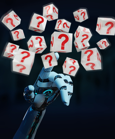 White robot hand on blurred background using digital question marks 3D renderingの写真素材