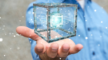 Businessman on blurred background using futuristic cube textured object 3D renderingの写真素材