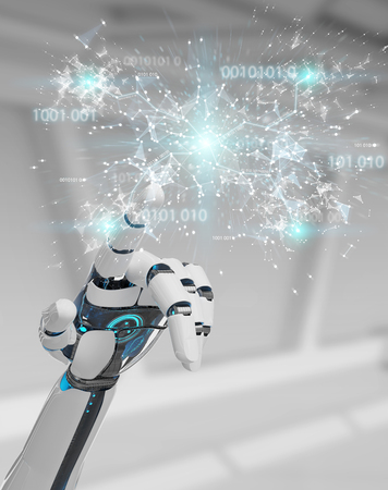 White humanoid hand on blurred background using digital globe hud interface 3D renderingの写真素材