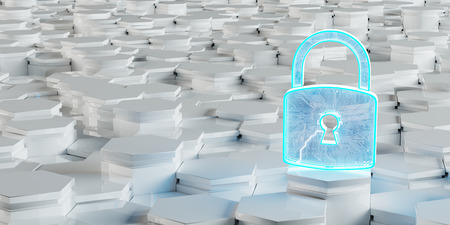 White and blue abstract padlock icon on hexagons background 3D renderingの写真素材