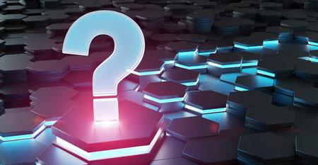 Black blue pink abstract question icon on hexagons background 3D rendering