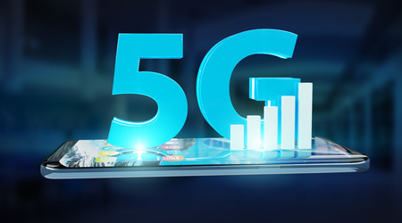 5G network with mobile phone isolated on blue background 3D renderingの写真素材