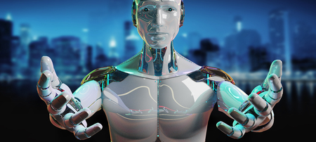White male cyborg opening his two hands isolated on blue dark background 3D renderingの写真素材