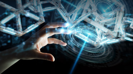 Businessman on blurred background using digital blue Blockchain 3D renderingの写真素材