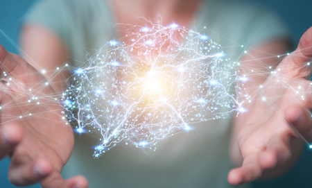 Businesswoman using digital x-ray human brain interface with cell and neurons activity 3D renderingの写真素材