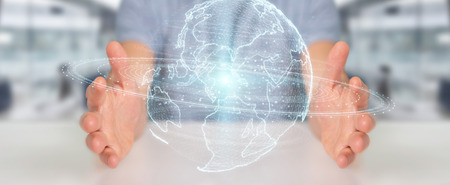 Businessman on blurred background using globe network hologram with America Usa map 3D renderingの写真素材