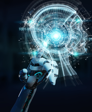White cyborg hand on blurred background creating artificial intelligence 3D renderingの写真素材