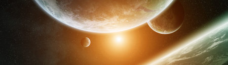 Panoramic view of planets in distant solar system in space 3D rendering elements